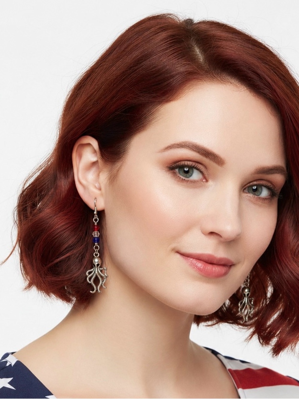 Silver Patriotic Octopus Dangle Earrings with Red and Blue Crystal Beads